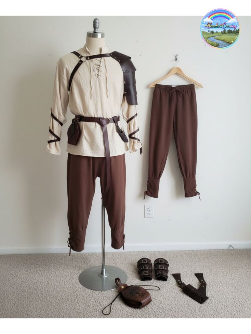 Men's Renaissance Costume 8 Pc Set Medieval Viking Pirate Shirt Pant PU Leather